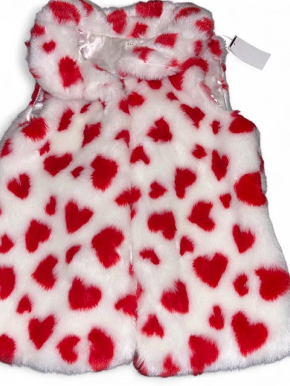 Max Studio White Faux Fur Vest with Red Heart Print